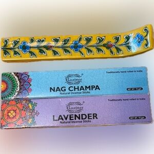 💕 pretty ceramic yellow and blue flower Incense holder and incense Made in India